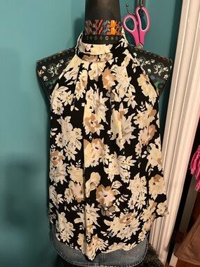 Sienna Sky Black Halter Floral Camisole with Cream Blooms